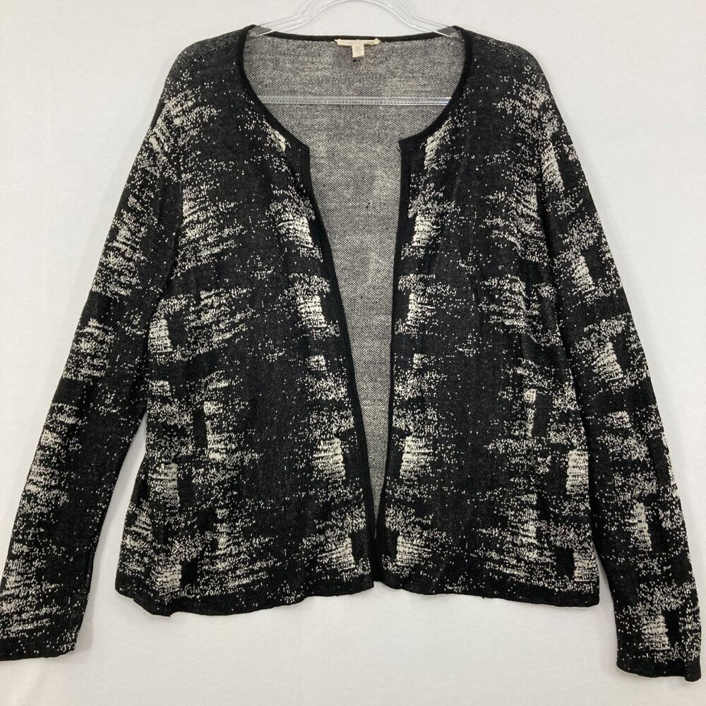 Eileen Fisher Large Black Gray Abstract Organic Linen Open Front Light Jacket